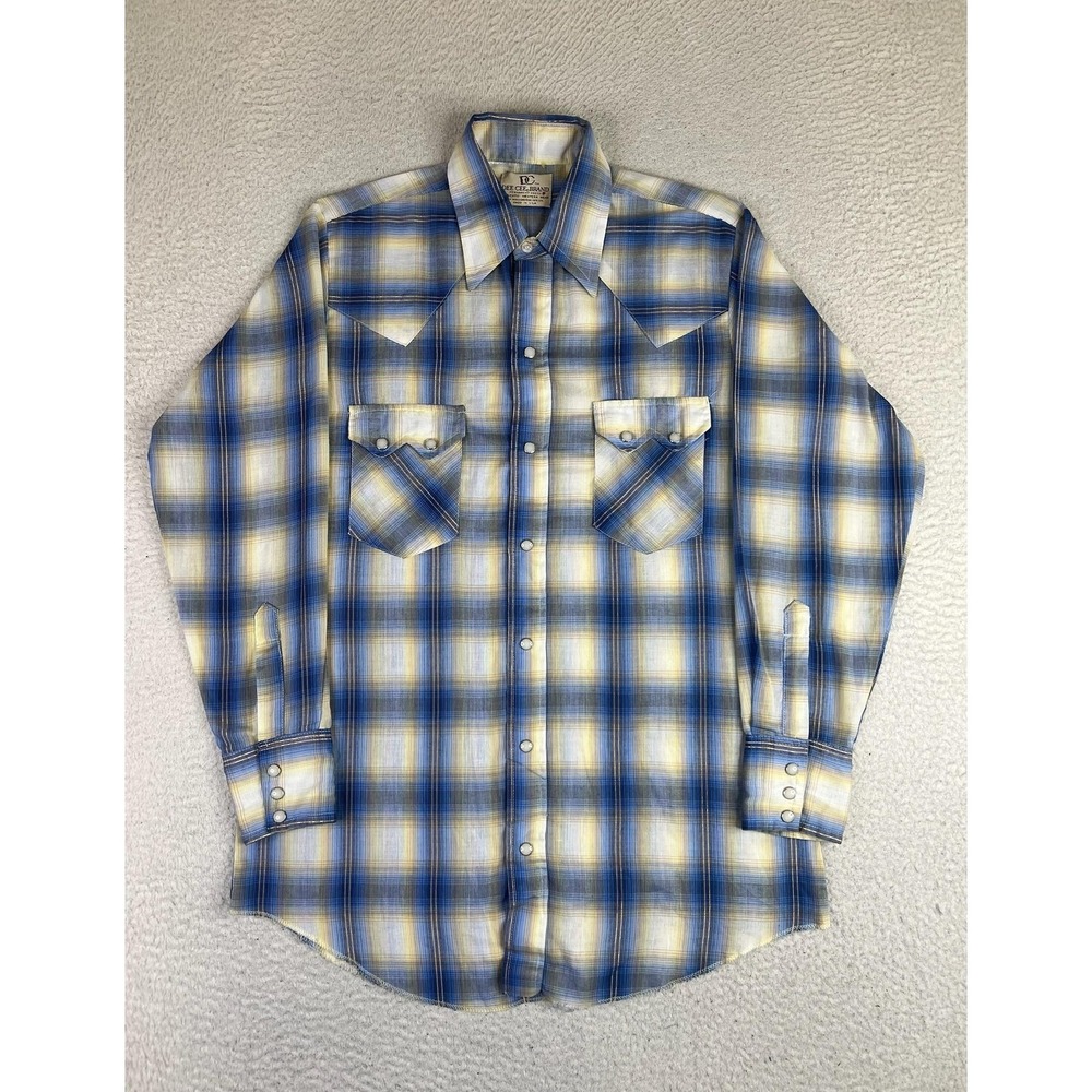 Vintage Dee Cee Shirt Mens Medium Blue Plaid Western Pearl Snap Long Sleeve